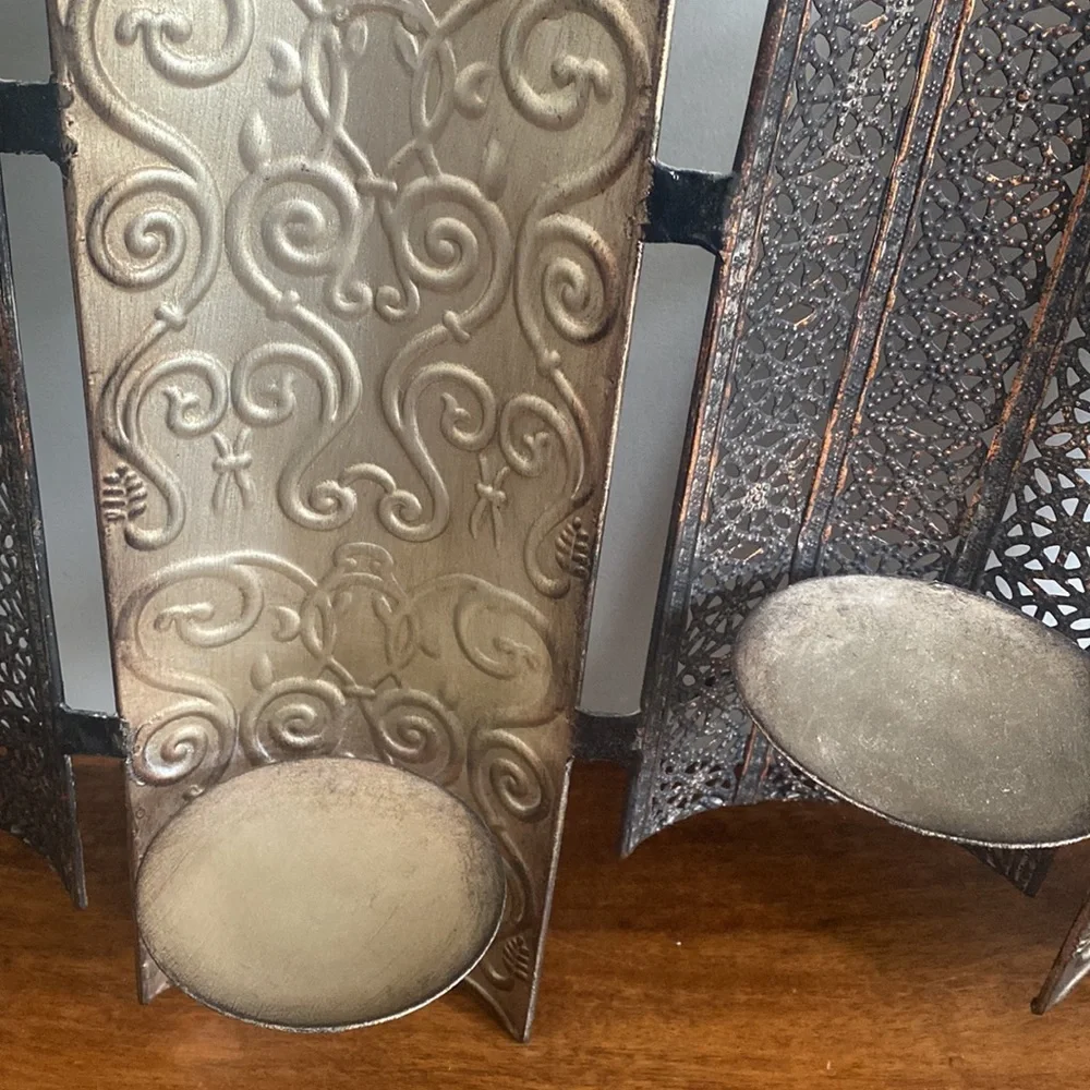 Vintage Pier 1 Metal Scroll Wall Sconce Candle Holder 4 Pillar Earth Tones